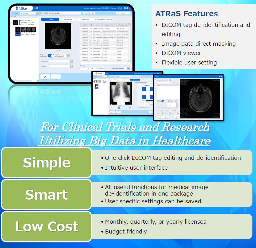 ATRaS, a medical image data viewer developed by Micron, which features one click DICOM tag editing and de-identification for clinical trials and research to utilize big data in healthcare. 